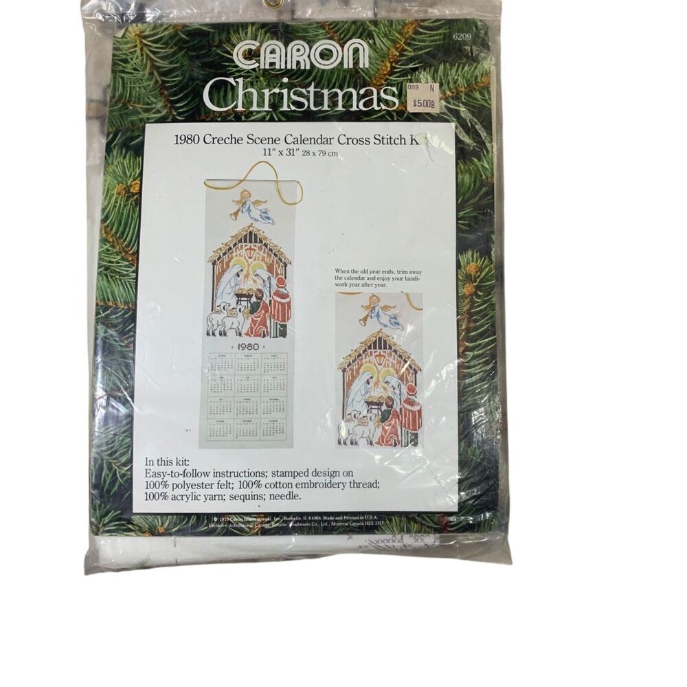 Vintage Caron Christmas 1980 Creche Scene Calendar Cross Stitch Kit 11”x31”